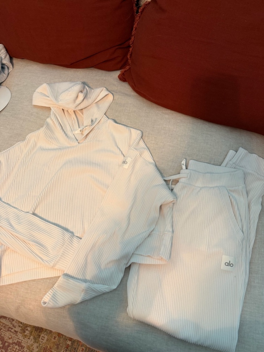 ALO Yoga Ribbed Hoodie & Joggers Set in Cream - Picture 8 of 9